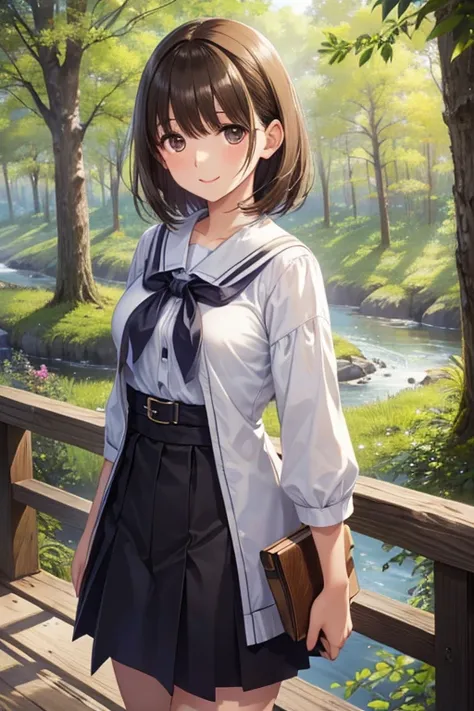 anegasaki nene、Shiny brown hair, short hair, (Beautiful brown eyes、Sparkling eyes, Fine grain)、smile、Ultra-detailed eyes、Highly detailed face, Highly detailed eyes,Cowboy Shot、



 masterpiece, Highest quality, One girl,  (Are standing:1.1), (forest:1.1), ...