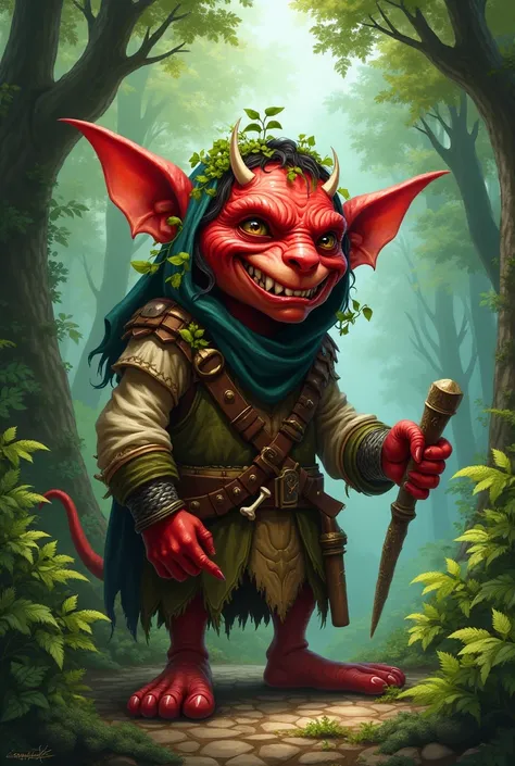 Goblin with red skin in the forest style medieval fantasy world 