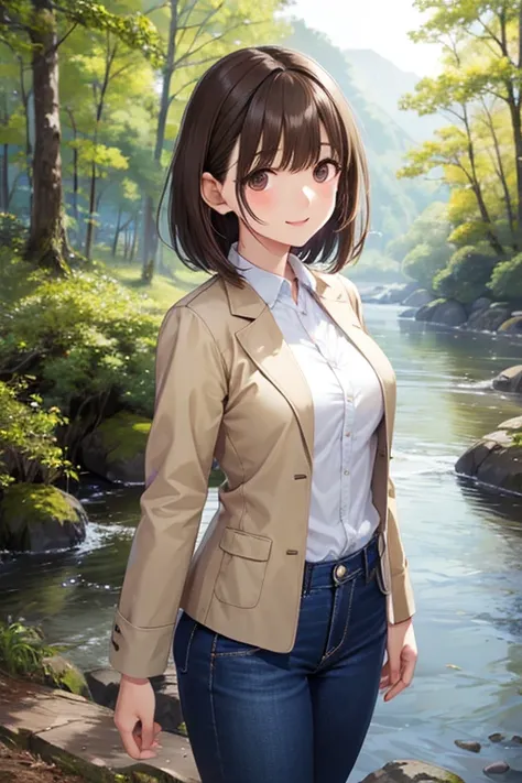 anegasaki nene、Shiny brown hair, short hair, (Beautiful brown eyes、Sparkling eyes, Fine grain)、smile、Ultra-detailed eyes、Highly detailed face, Highly detailed eyes,Cowboy Shot、



 masterpiece, Highest quality, One girl,  (Are standing:1.1), (forest:1.1), ...