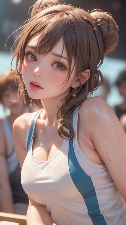 （8K，RAW photos， Best quality，Realistic images,
Long hair、((Extremely detailed),  (best quality), (Very detailed),
(8K, best quality, ((A cute woman with a space bun , A realistic, byChoi Buk, Artstation Contest Winners,  Mixed girl in a tank top swimsuit, ...