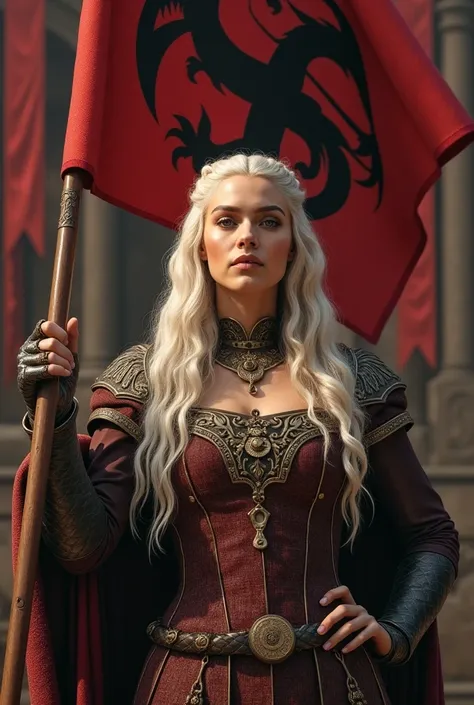 Make a picture of Rhaenyra Targaryen with a sign or flag that says "Maria Pepe" 