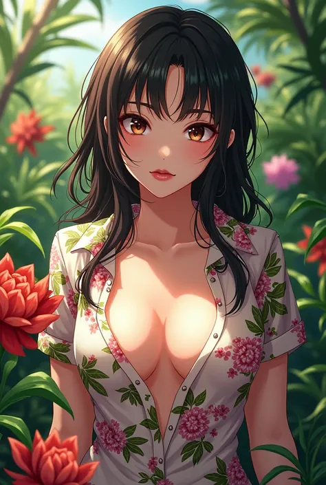 Akeno Himejima in a lush tropical garden, wearing an open shirt with a floral print, with a close-up capturing the harmonious beauty between her exposed breasts and the natural flowers, showing off your natural charm and outgoing personality.