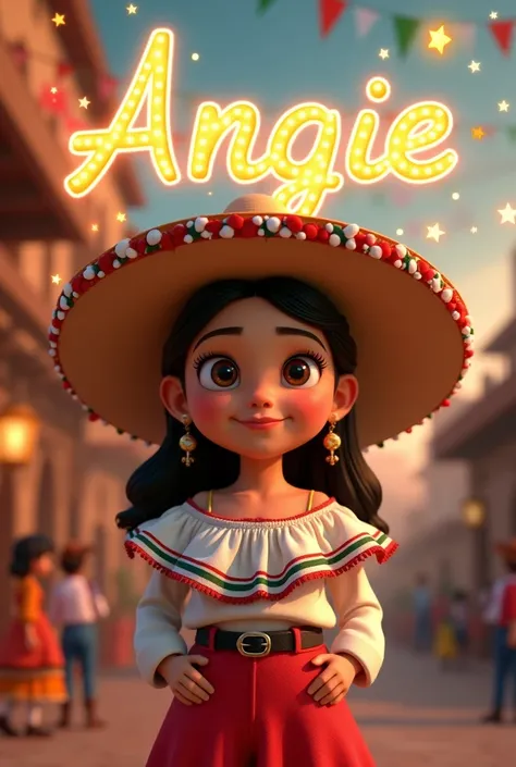 A 3D render of a Disney movie style girl wearing a traditional rancher hat adorned with green, white, and red ribbons. She has mid runio hair and brown eyes. The girl is standing against a pure mexican party background.There is a nameplate with the name "A...