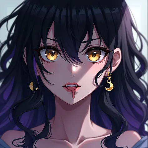 1 woman, High resolution, masterpiece, The best quality, anime manga, Long hair, black hair, hair between eyes, purple hair, cloud hair, breasts, big breasts, Half moon earrings, blush, yellow eyes, Chapped lips, language, open mouth, Fangs, light smile, a...