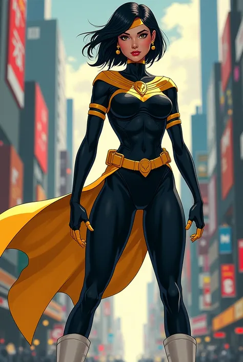 short woman , 2 , short hair , black , superheroine , black uniform with yellow stripes sexy body defined big breasts fox emblem in the breasts ling sleeves , bare legs , White boots , cor  inle branca , in , Detailed master city background