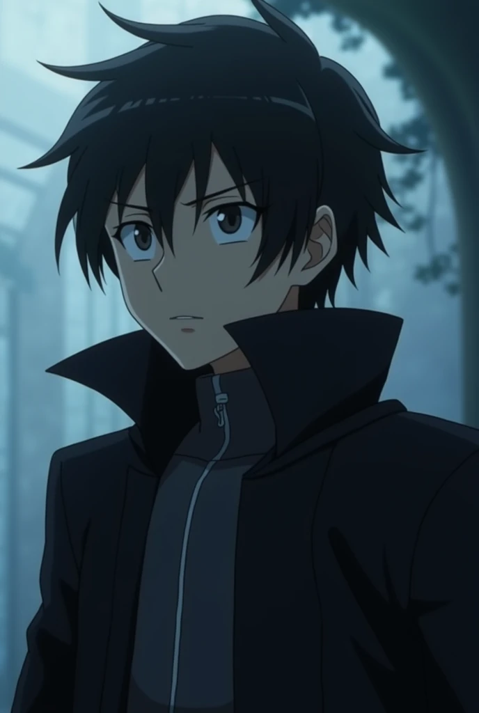 Sword art online screencap of boy, brown skin, with a black hair of kirito hair inspired, he is using a blackwyrm cloat, he is and aincrad background, A-1 pictures, temporada 1, A-1 Picture screencap