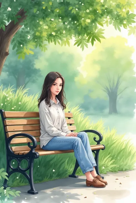 A beautiful 30-year-old Japanese woman sitting on a park bench, painted in a watercolor style. The composition captures her in a calm and relaxed posture, with soft expressions of serenity on her face as she enjoys the peaceful outdoor setting. The park su...