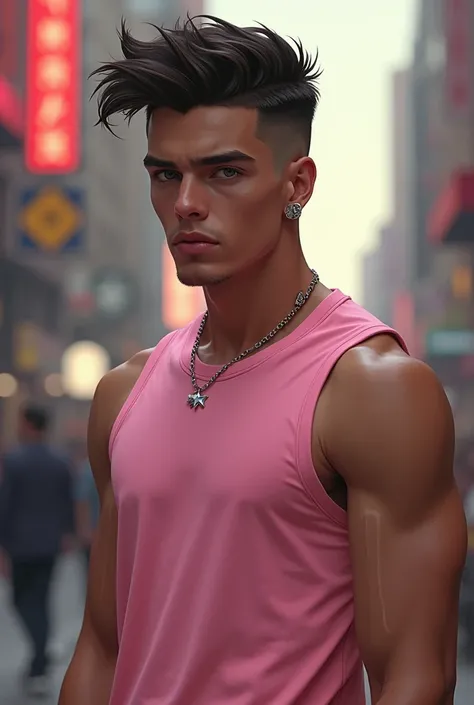 a very skinny gay handsome guy with mid fade old money hairstyle, pretty lips and lots of earrings, as well as a pink sleeveless t-shirt. that the drawing is in the realistic marvel comics style 