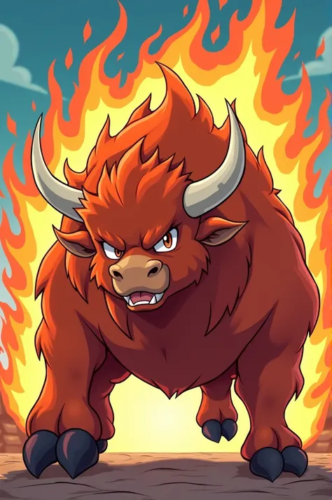 Pokémon cartoon image of a bull-type Pokémon second evolution to fire, like in the pokemon cartoon 