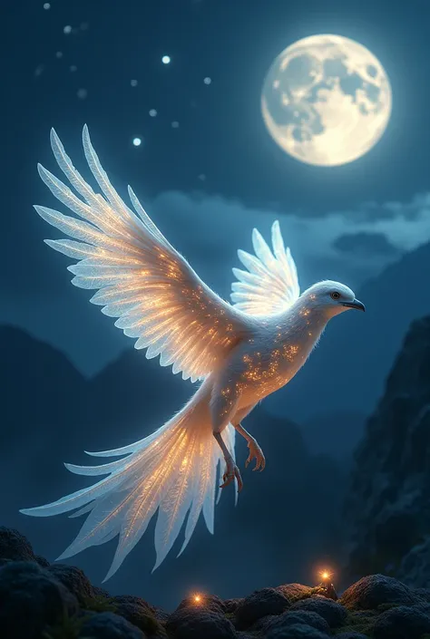 Generate a beautiful bird with ultra realistic glowing feathers 8k full hd on a beautiful and bright night with a full moon 