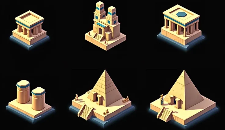 a close up of several different types of buildings, giant tomb structures, monolithic temple, egyptian setting, desert temple, ancient temple, Pyramid portal, castles and temple details, mysterious temple setting, isometric game asset, game assets, game ic...