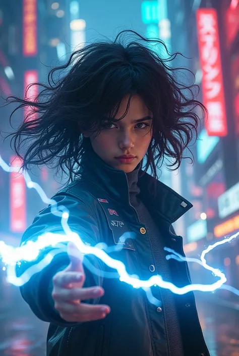 cyberpunk boy with lightning powers, long flowing curly black hair, detailed facial features, futuristic neon-lit cityscape, dynamic poses, glowing electrical effects, cinematic lighting, bright colors, intricate mechanical details, highly detailed, 8k, ph...