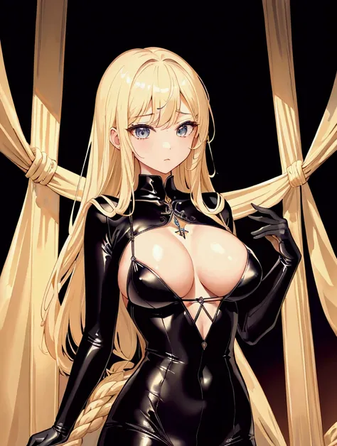 Highest quality, masterpiece, Ultra-high resolution, female、Big Breasts、female捜査員、Tied up and hung with rope、Both wrists were tied、Rotor in pussy、Felt expression、Full body black leather suit with no underwear、Boldly open-chested clothing、Blonde、short hair、...