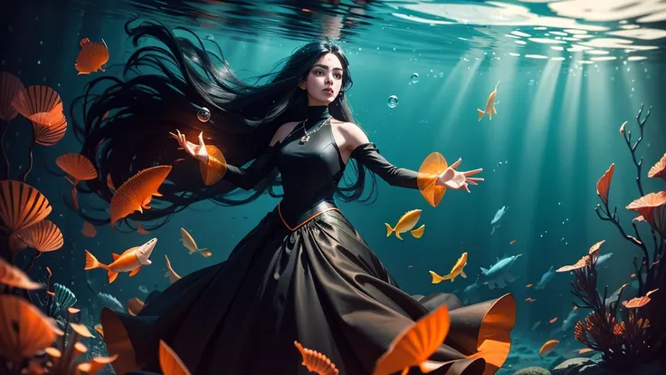 long flowing hair, vibrant black and orange dress, transparent textured material, elegant turtleneck necklace, standing, underwater setting, surrounded by fish and bubbles, dynamic lighting, shiny effect, charming atmosphere, Approximate view, Bright color...