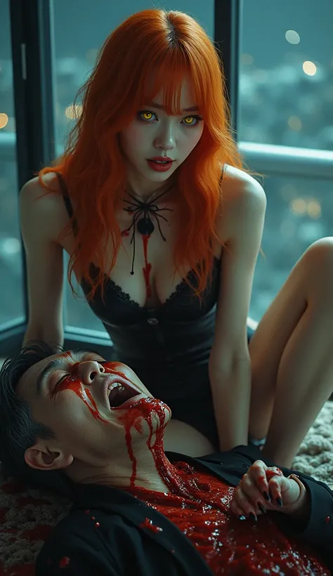 beautiful long orange hair with yellow eyes pretty korean idol with long black shiny sharp fingernails stabbing a pipe to neck of old man with ripped throat and mouth, moaning expression, wearing sexy uniform, gore, organs, in the glass of apartment, night