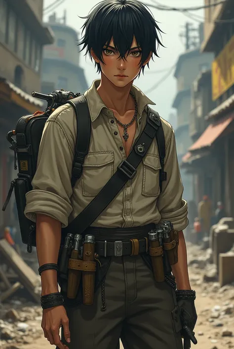 He has black hair, short and messy, and dark brown eyes that convey a calm and disinterested expression. Daiki prefers practical and comfortable clothes, like loose shirts, sturdy pants and boots, often with a belt full of tools and parts to improvise weap...