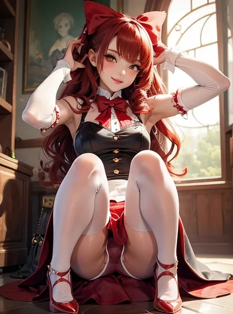 Beauty,  vampire girl,  very curly red hair,  head bow,  very tiny miniskirt, white pantyhose crotch,  candid upskirt,  satin elbow gloves,  shoes, sun shiny day 