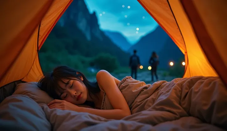 1 female, Beautiful Korean, Are sleeping、Beautiful black hair, Honey colored hair,((Upper body selfie, )), Shooting in a tent, Wearing a sleeveless T-shirt, Beautiful backlight, Tent open sign,masterpiece, Highest quality, Overly detailed, alone, exterior,...