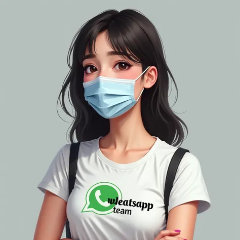 Create a picture of a student girl sexy wearing mask , and in tshirt there is a letter "Whatsapp Team"