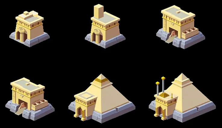 a close up of several different types of buildings, giant tomb structures, monolithic temple, egyptian setting, desert temple, ancient temple, Pyramid portal, castles and temple details, mysterious temple setting, isometric game asset, game assets, game ic...