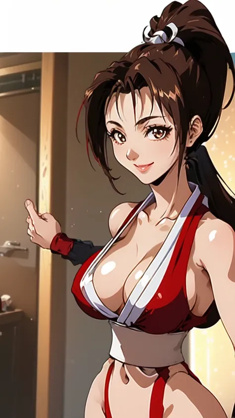 ((Upper Body、Mai Shiranui,ponytail,Background is a Japanese-style room in a Japanese house:1.3)),upper body, Looking at the audience,Slim and sexy figure, the best quality, (8k), (4K),(masterpiece), (the best quality), Extremely detailed, Game CG, Ultra De...