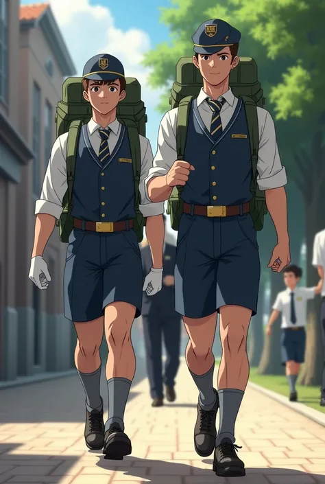 2 muscular school student wearing 3 muscular school cadet, marching for a ruck march.
He is wearing his mandatory uniform :
White long sleeved buttoned up shirt collar
School cap
Tight school striped tie covering the shirt top button
School vest
School sho...