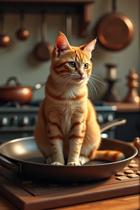 Cat on fry pan with chess, realistic
