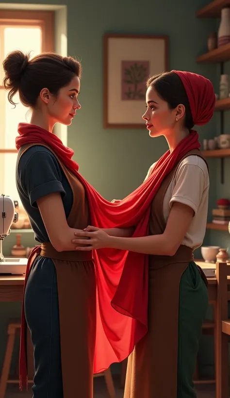 Ana with her hair tied back and black, as she worked as a seamstress, gives the red scarf to Sofia but they are not wearing it..
