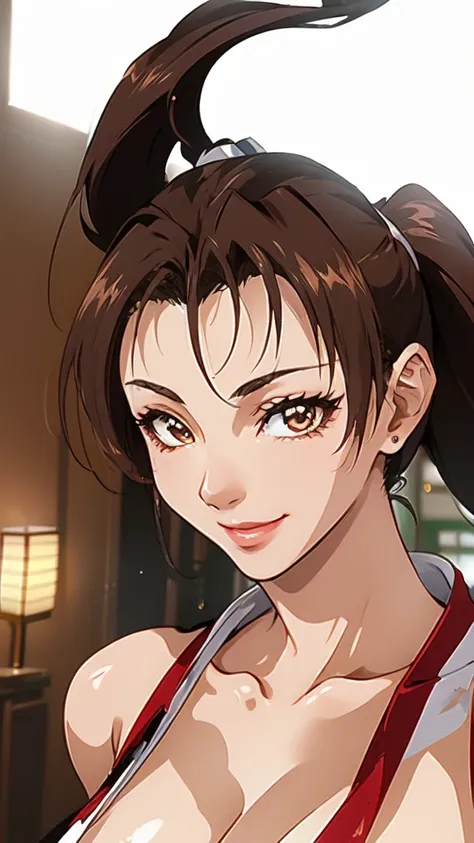 ((upper body、mai shiranui,ponytail,background is a japanese-style room in a japanese house:1.3)),upper body, looking at the audi...