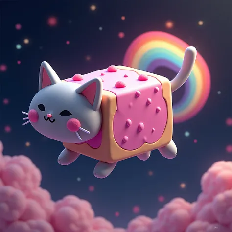 the head of a gray cat with pink round spots on the cheek square biscuit-shaped body all pink with gray paws and tail flying in space with a rainbow cloud behind it photo as in the famous image of nyan cat totally on the side 
