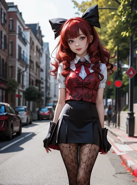 alice,  vampire girl,  very curly red hair,  head bow,  very tiny miniskirt, jacquard  pantyhose crotch,  candid upskirt,  satin...