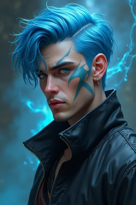 An adult with blue hair and eyes, with a scar on his cheek