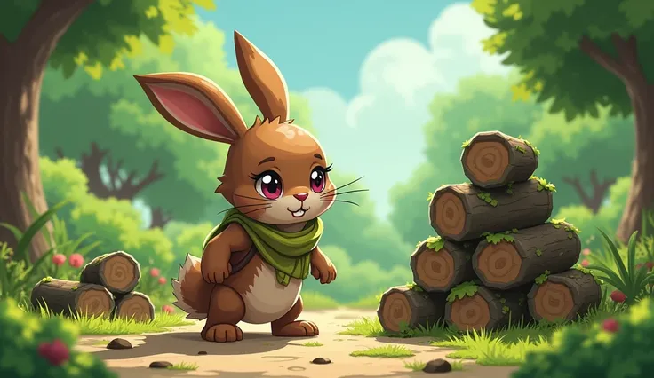 Rocky Rabbit collects trees in an area of Green Head Village to make a gym for herself, stacks several trees and continues.