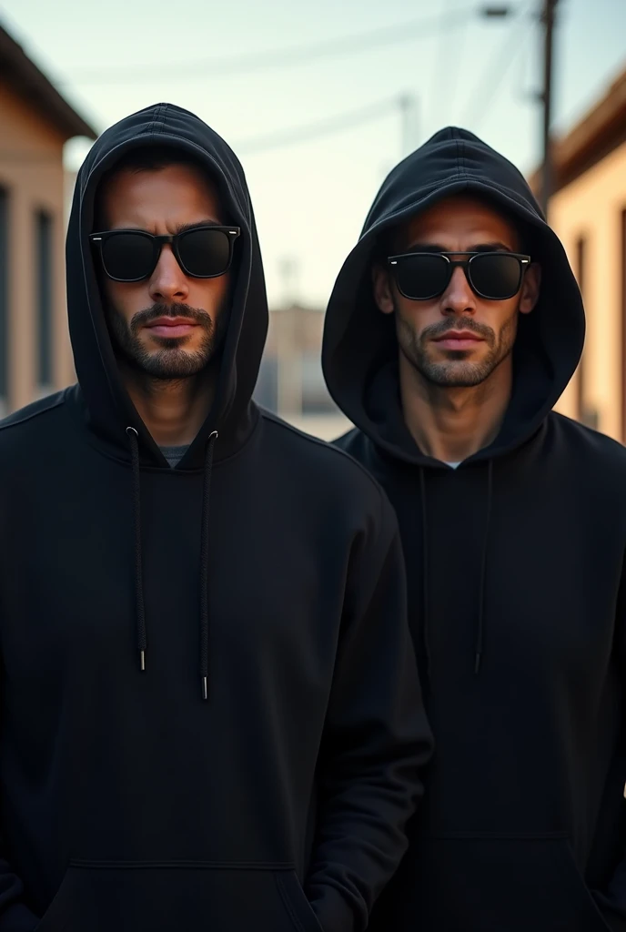 2 men without Facial hair, looking at the camera from the front wearing a black Hoodie , wearing black sun glases and looking forward to the sun
