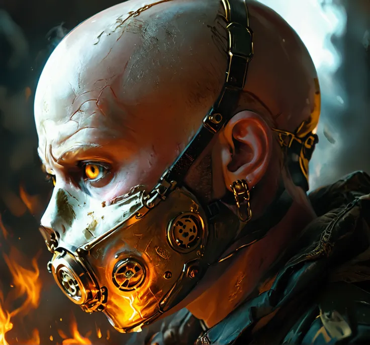 bald white man, fiery eyes, golden gas mask, earrings in ear, jump no nose