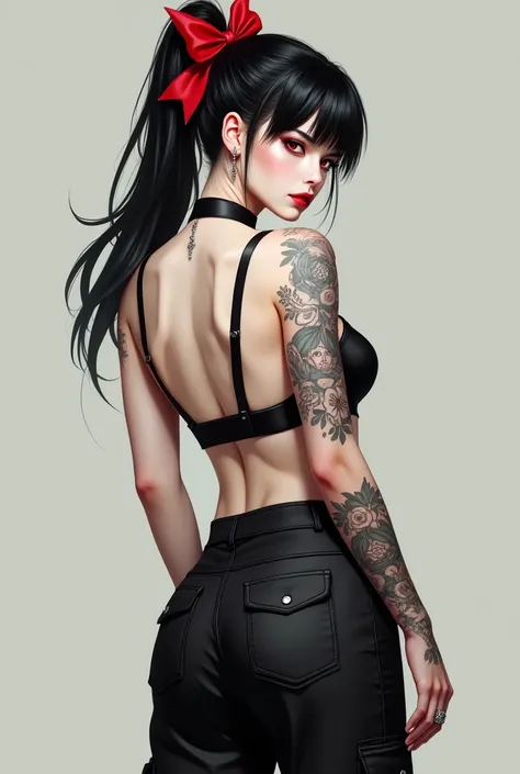 a black-haired woman wearing a ponytail with a red bow on her head. she has white skin and red eyes. wears a black top which shows her back and wears black cargo pants. she has a tattoo on her wrist, a tattoo on the left side of the torso and a tattoo on t...