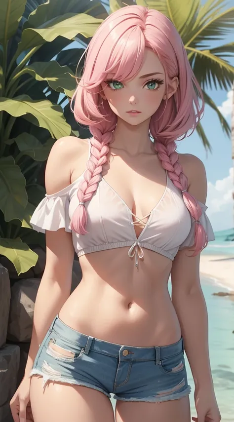 （The best quality at the best.，8k，masterpiece：1.4）， with pink hair，Long one side braid， Seduce，（ Bare lower chest，Off-the-shoulder white plain extra-short top），Colossal ， shiny skins，tight ripped jean shorts， green eyes, Very detailed, Very detailed face, ...