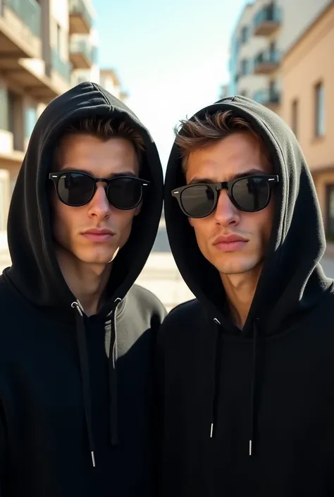 One 2 young men, No mustache, no beard, looking at the camera from the front wearing a black Hoodie , wearing black sun glases and looking forward to the sun
