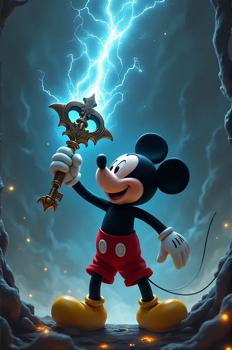 Mickey mouse holding a keyblade ready to fight against the darkness 