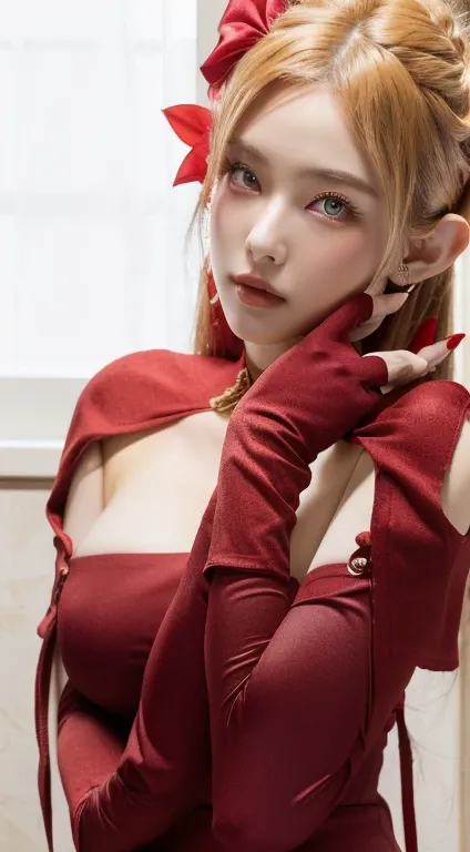 a close up of a woman wearing red gloves and a red dress and golden eyes, two white tails_gloves, red gloves, 2 second, 2b, trend on cgstation, v the devil can cry like an elf, crimson theme, 8k octaas rendered photo, sakimi-chan, Trends in CG society, 🌺 s...