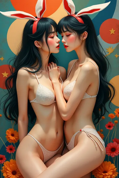 super busty erotic young japanese girls in the most sophisticated form of cubist art, bunny ears, 4k, ultra-detailed, photorealistic, hyper-realistic, vivid colors, dramatic lighting, intricate details, 