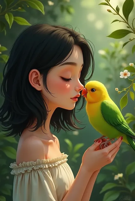 Black haired girl with green parakeet giving him a kiss