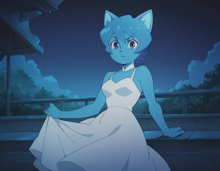 nicole watterson, blue skin, blue hair, cat ears, blue eyes, outdoors, night, white dress, beautiful dress, alone