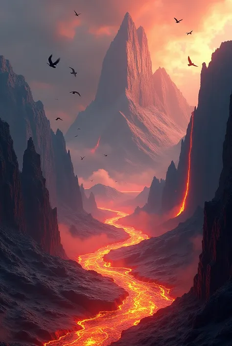 Mountains with lava falling and birds flying