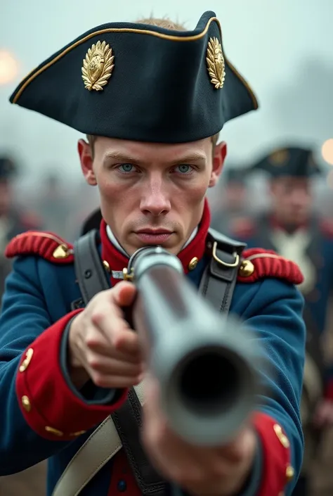 zoom up the muzzle of a gun, Front view, full body, battle scene, French soldier from the Napoleonic Wars era, 1 French man ,25-age, (blond shot hair, blue eye,  bread,Black felt bicorne hat or shako with a brass plate and white cords),  wearing a Blue coa...