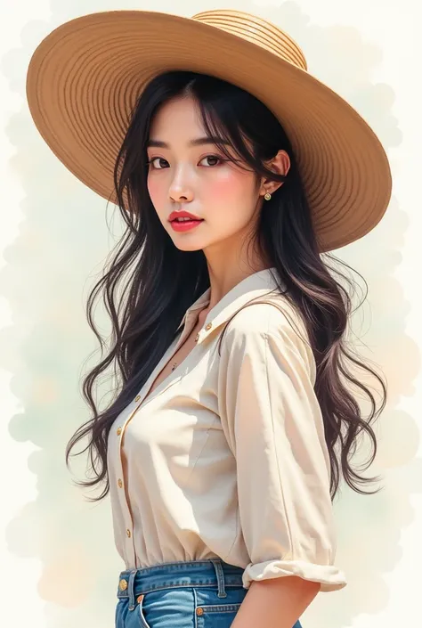 A beautiful 30-year-old Japanese woman wearing a large hat, captured in a watercolor style. The composition focuses on her upper body, highlighting her elegant posture and the way the large hat adds a stylish flair to her appearance. The soft watercolor ef...