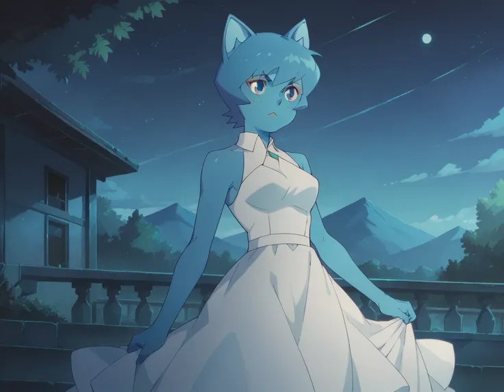 nicole watterson, blue skin, blue hair, cat ears, blue eyes, outdoors, night, white dress, beautiful dress, alone