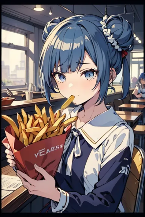 (((beautiful detailed)))(cute face:1.2)1girl, A girl stuffing her face with french fries, Girl crying while eating a pile of french fries, Inside a 1950s-style diner, 1950s-style interior, Navy blue hair, blue eyes, A short-sleeved white shirt with four ve...