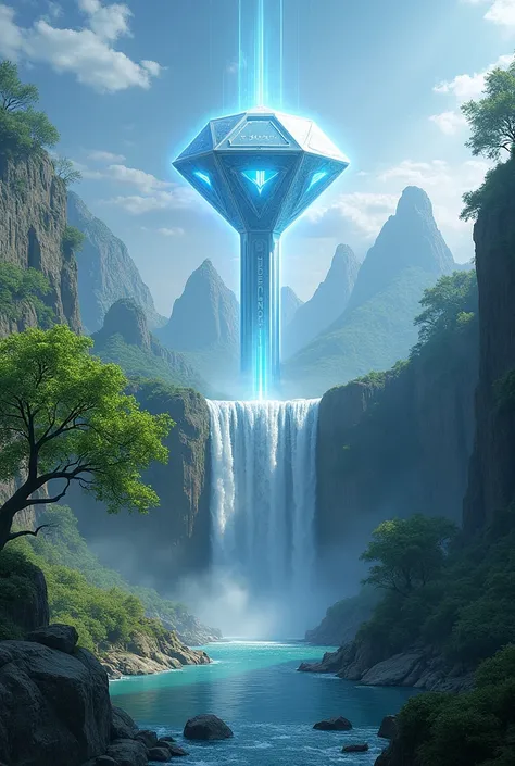 I need an image of a landscape with a waterfall on the left, lots of green area a tree on the right, In the center there are four mountains and in the center there is a huge diamond with rays of light and it says Esteli, the diamond of Segovia 