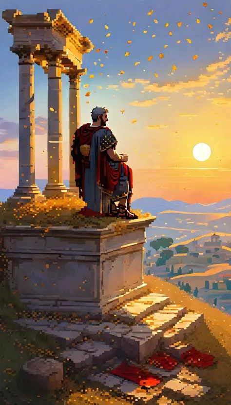 A Roman emperor sits on a hill at dusk, looking at the horizon, with the sun setting and symbols of mortality around him, such as an hourglass and dry leaves blowing in the wind.